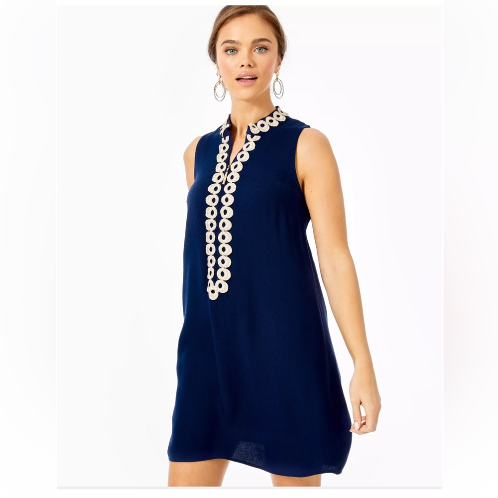 Lilly Pulitzer Jane Shift Navy Dress with Cream Embellishments